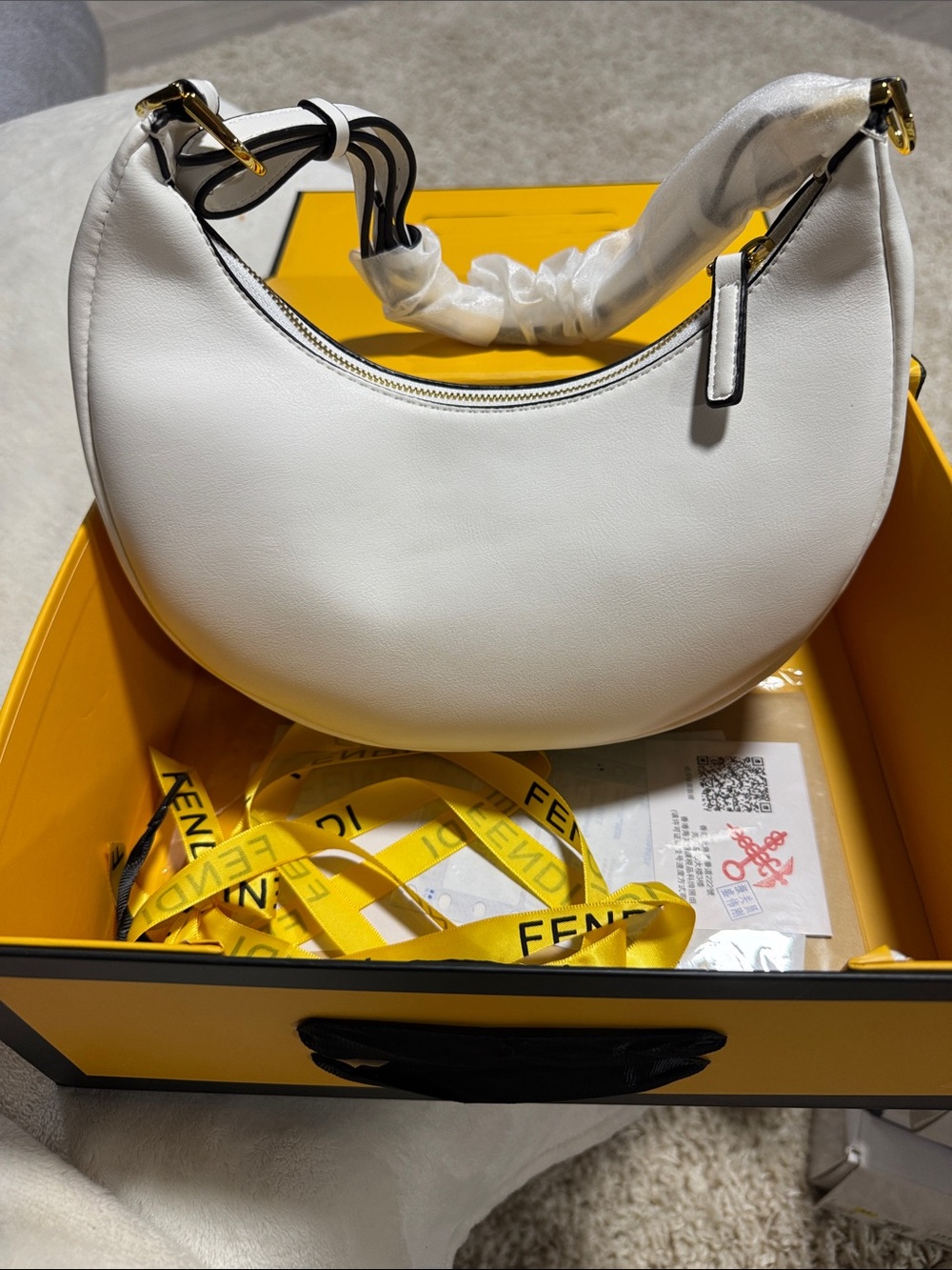 Fendi White Crescent Shoulder Bag with Gold Hardware